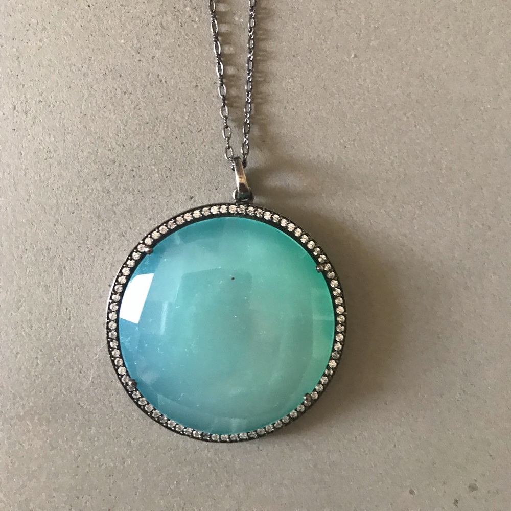 18” long pewter chain /blue pendent